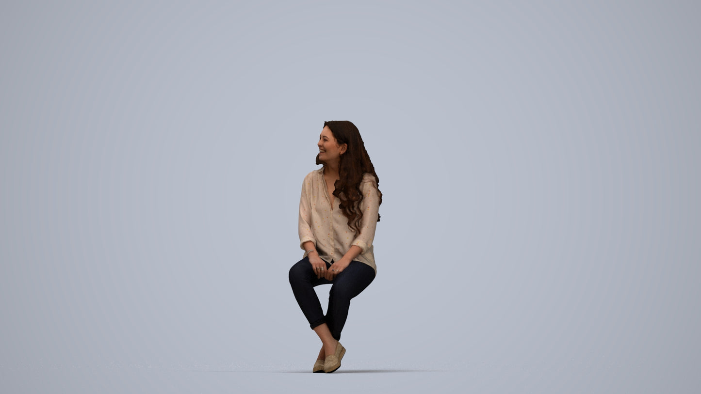 realistic 3D human woman casual sitting, archviz people FBX OBJ for Blender, top-down view render