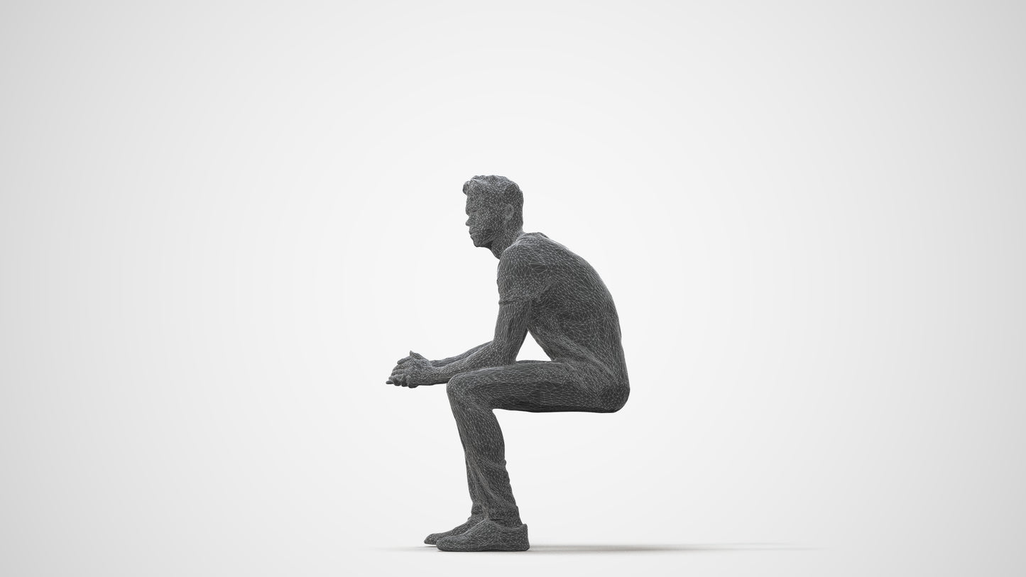 realistic 3D man casual sitting, scanned archviz people for Blender and 3ds Max, square thumbnail