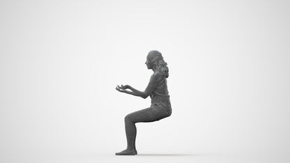 3D human model woman casual sitting, photogrammetry scanned person for archviz, square thumbnail