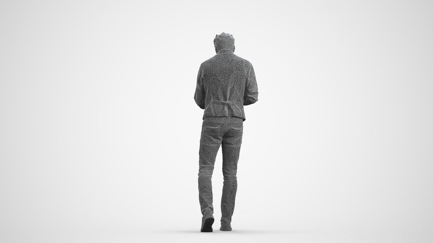 scanned 3D man casual walking, photogrammetry people for Enscape and V-Ray, wireframe front view