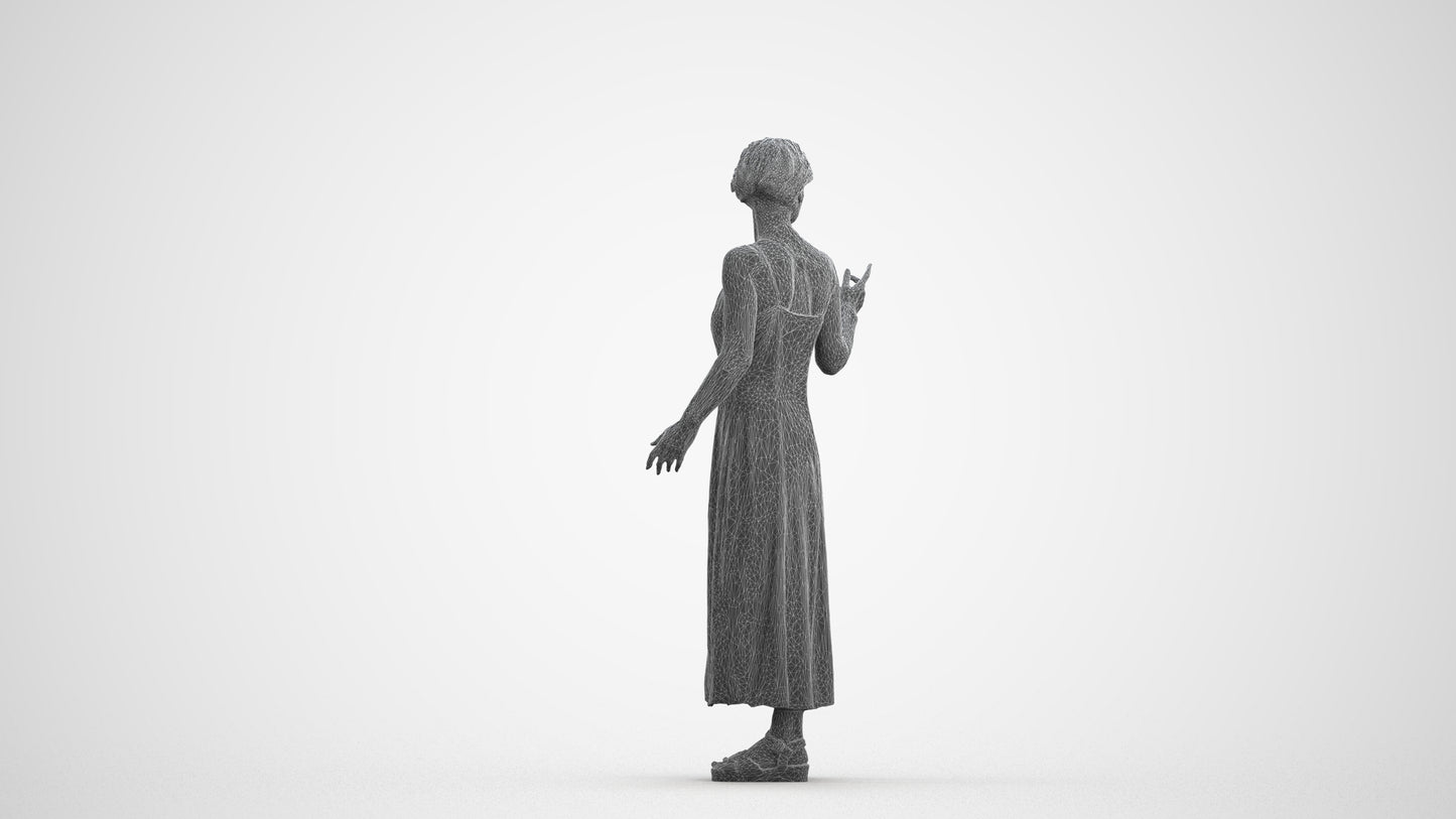 realistic 3D senior woman standing, scanned archviz people for Blender and 3ds Max, wireframe front view