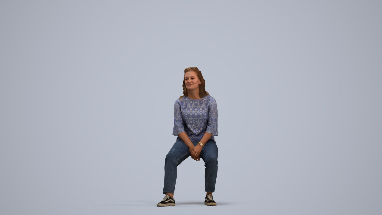 realistic 3D woman casual sitting, scanned archviz people for Blender and 3ds Max, standing pose render