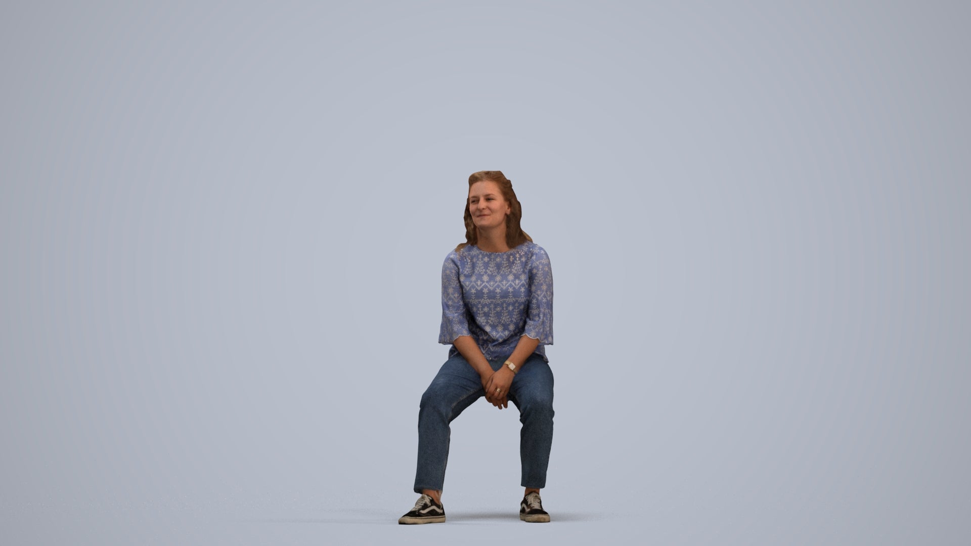 realistic 3D woman casual sitting, scanned archviz people for Blender and 3ds Max, standing pose render