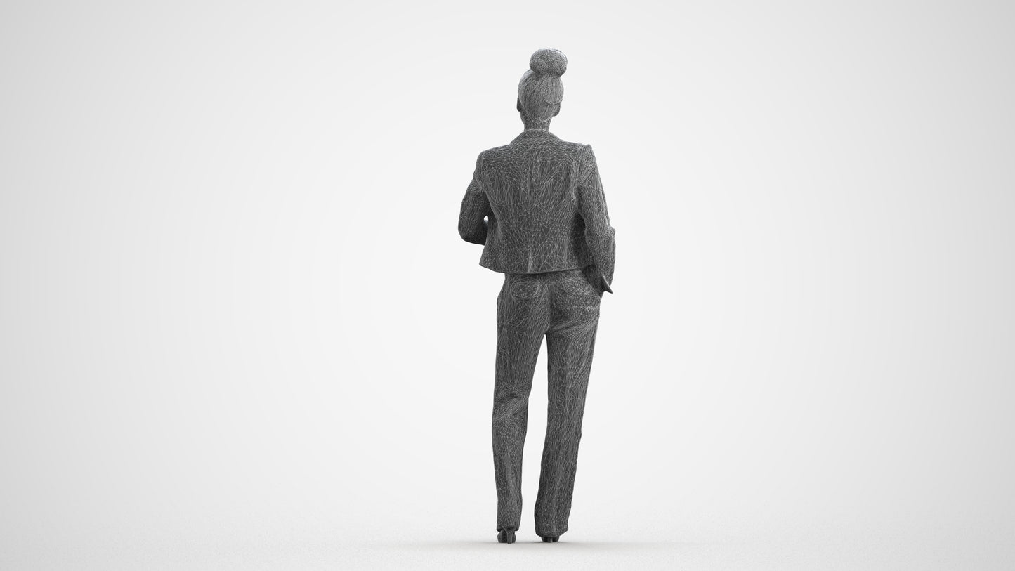 scanned 3D woman business standing, photogrammetry people for Enscape and V-Ray, wireframe front view