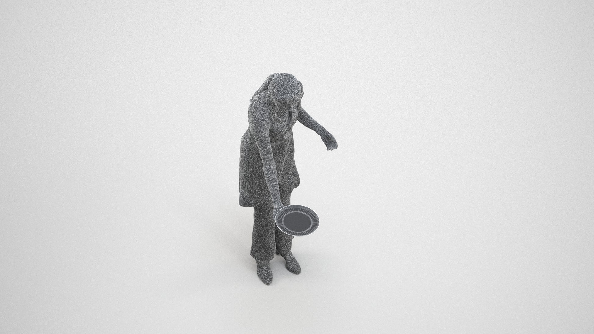 realistic 3D human woman hospitality, archviz people FBX OBJ for Blender, wireframe three-quarter view