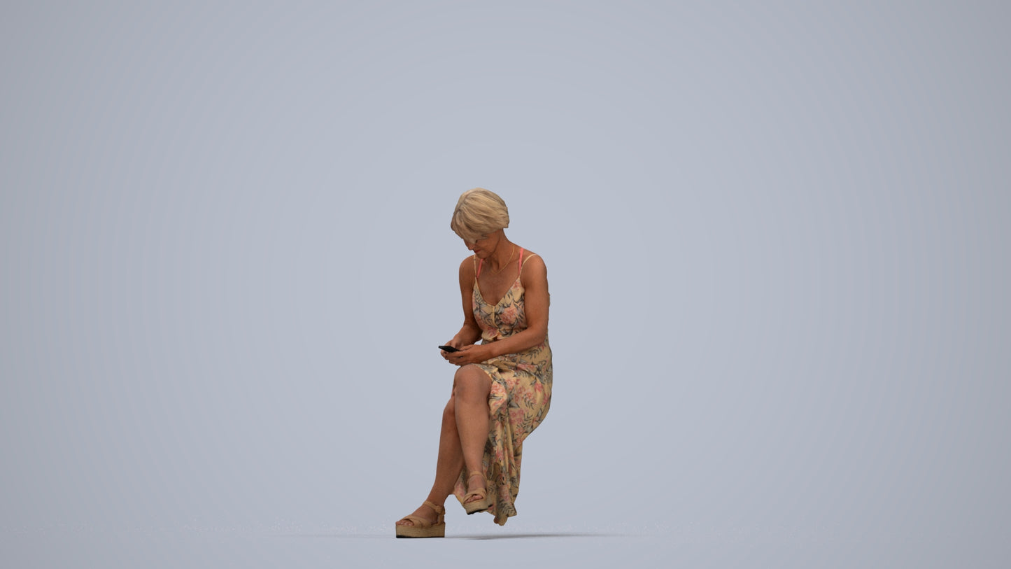 photogrammetry 3D senior woman sitting, realistic human model archviz FBX, top-down view render