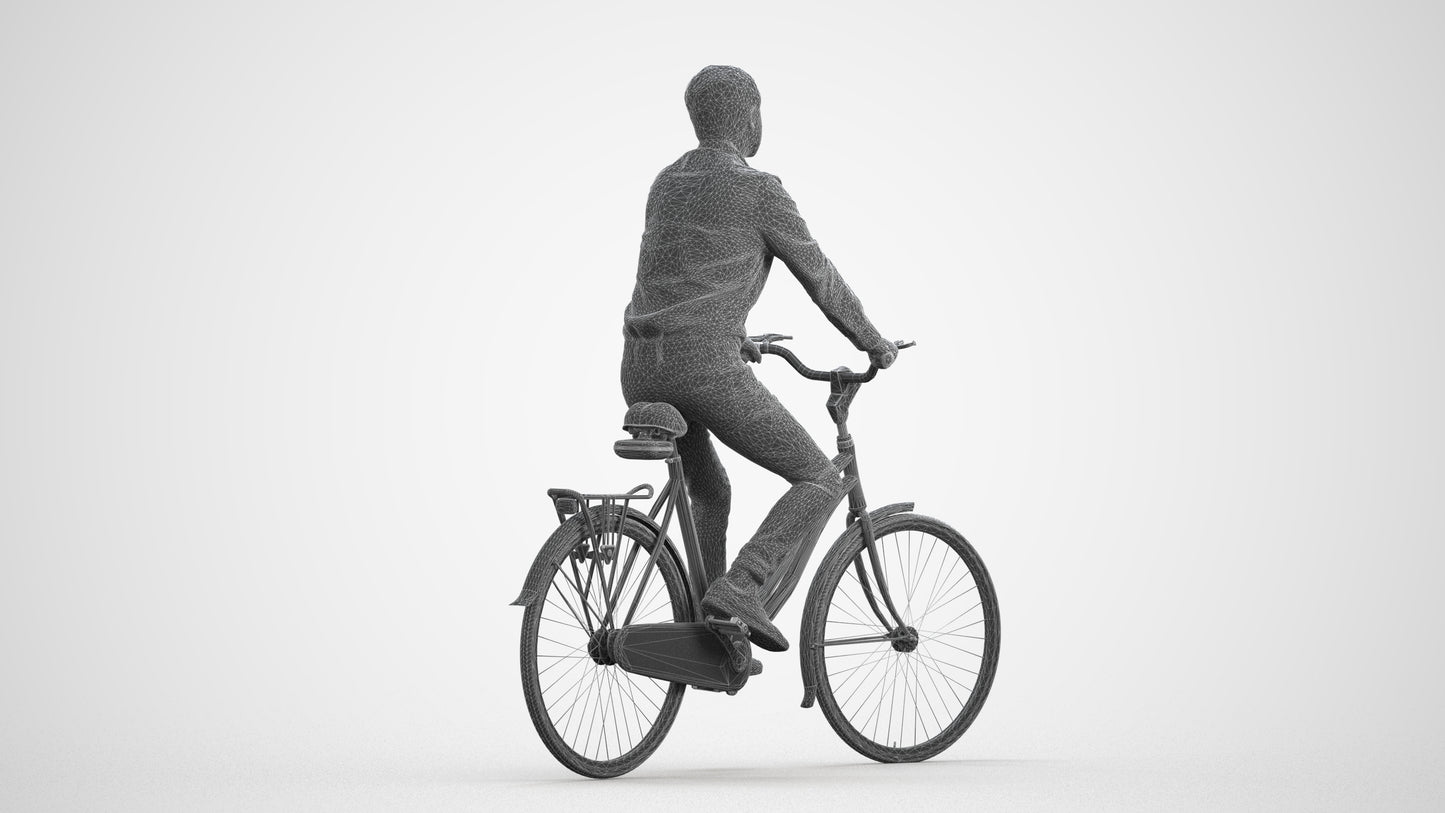 3D scanned man cycling business, photorealistic archviz people for Enscape and SketchUp, wireframe front view