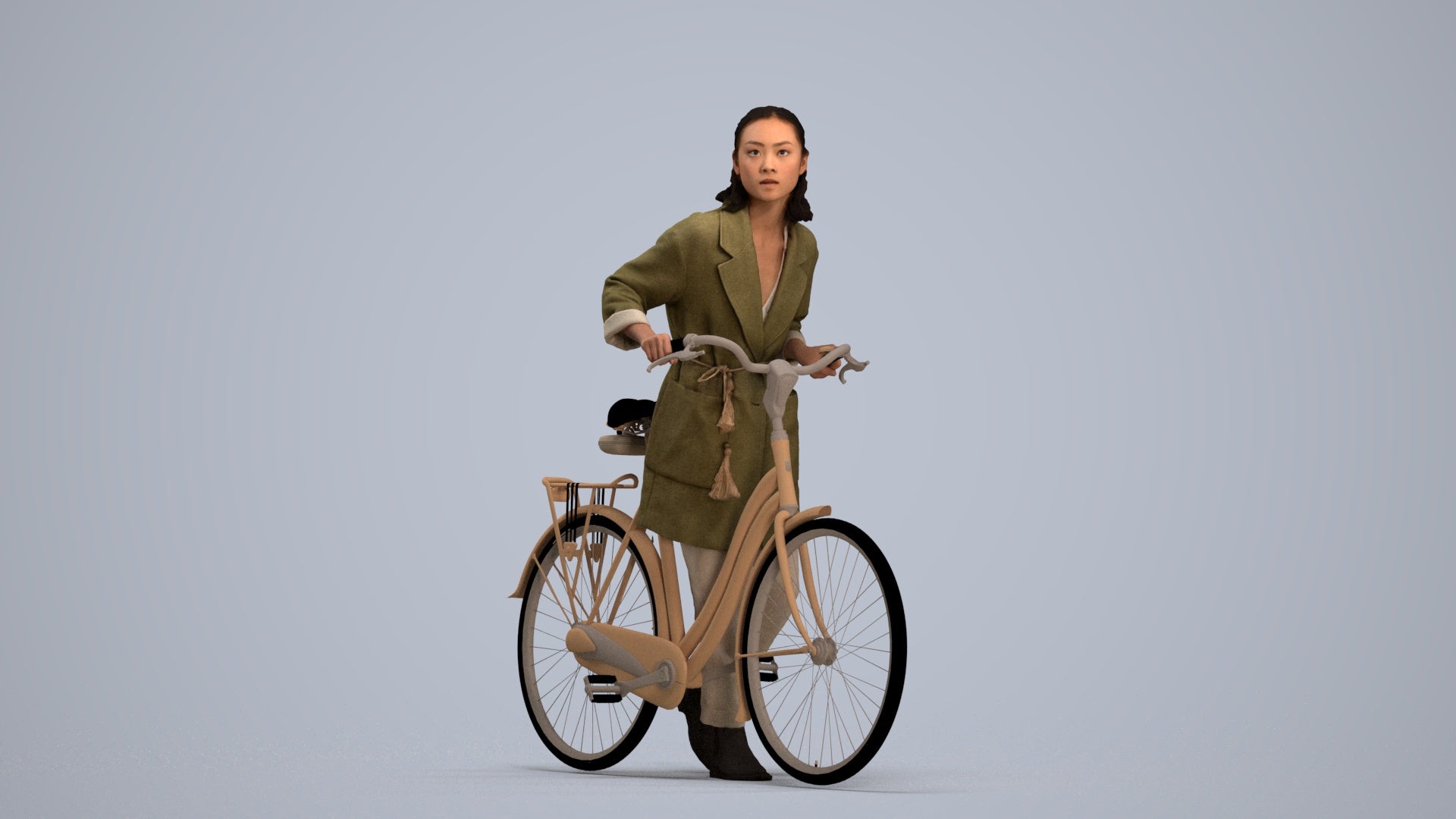 3D human model woman casual cycling, photogrammetry scanned person for archviz, standing pose render