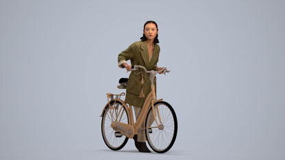 3D human model woman casual cycling, photogrammetry scanned person for archviz, standing pose render