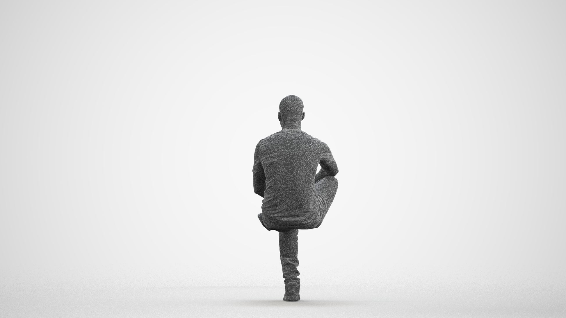 3D human model man casual sitting, photogrammetry scanned person for archviz, wireframe front view