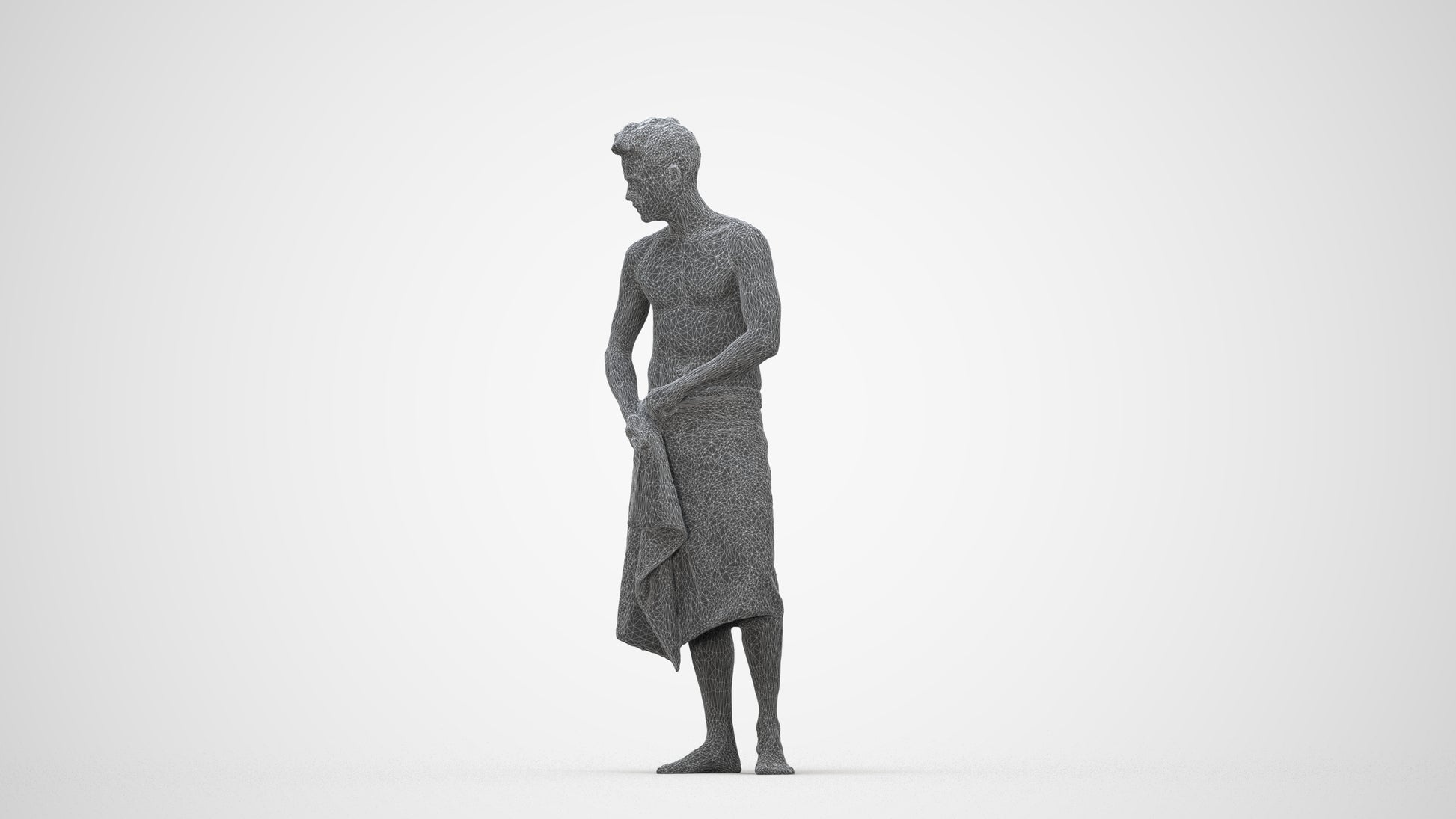 3D human model man casual bathroom, photogrammetry scanned person for archviz, wireframe back view