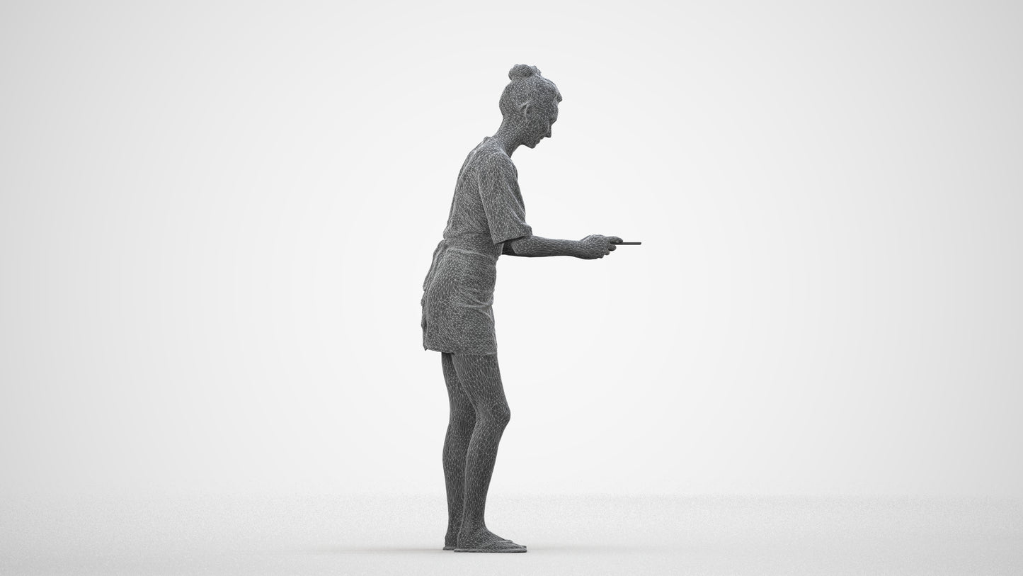 realistic 3D woman casual standing, scanned archviz people for Blender and 3ds Max, wireframe side view