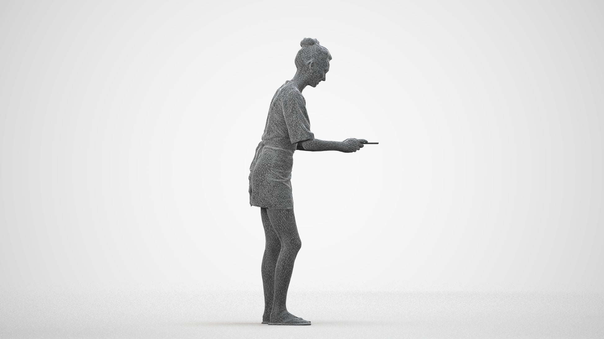 realistic 3D woman casual standing, scanned archviz people for Blender and 3ds Max, wireframe side view