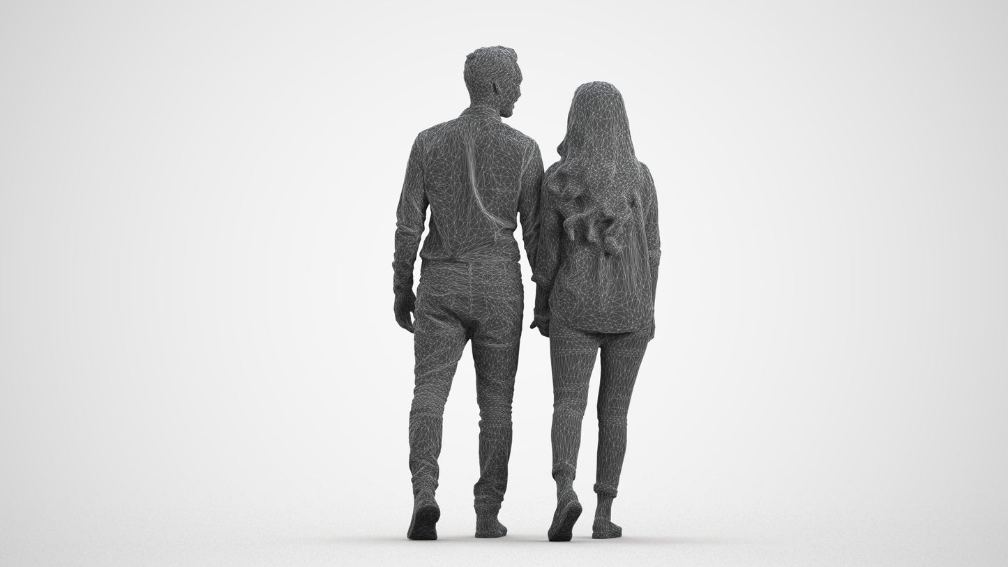 realistic 3D human woman casual couple, archviz people FBX OBJ for Blender, wireframe front view
