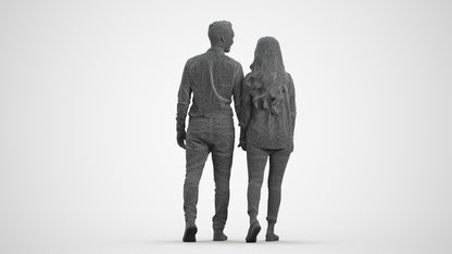 realistic 3D human woman casual couple, archviz people FBX OBJ for Blender, wireframe front view