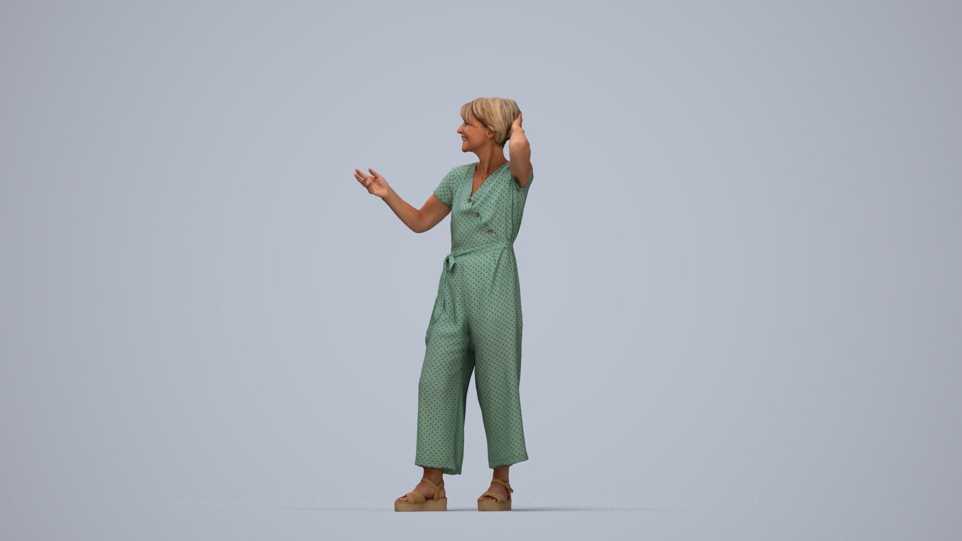 realistic 3D human senior woman casual standing, archviz people FBX OBJ for Blender, top-down view render