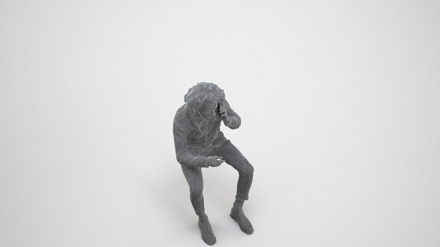3D scanned man sitting business, photorealistic archviz people for Enscape and SketchUp, wireframe three-quarter view