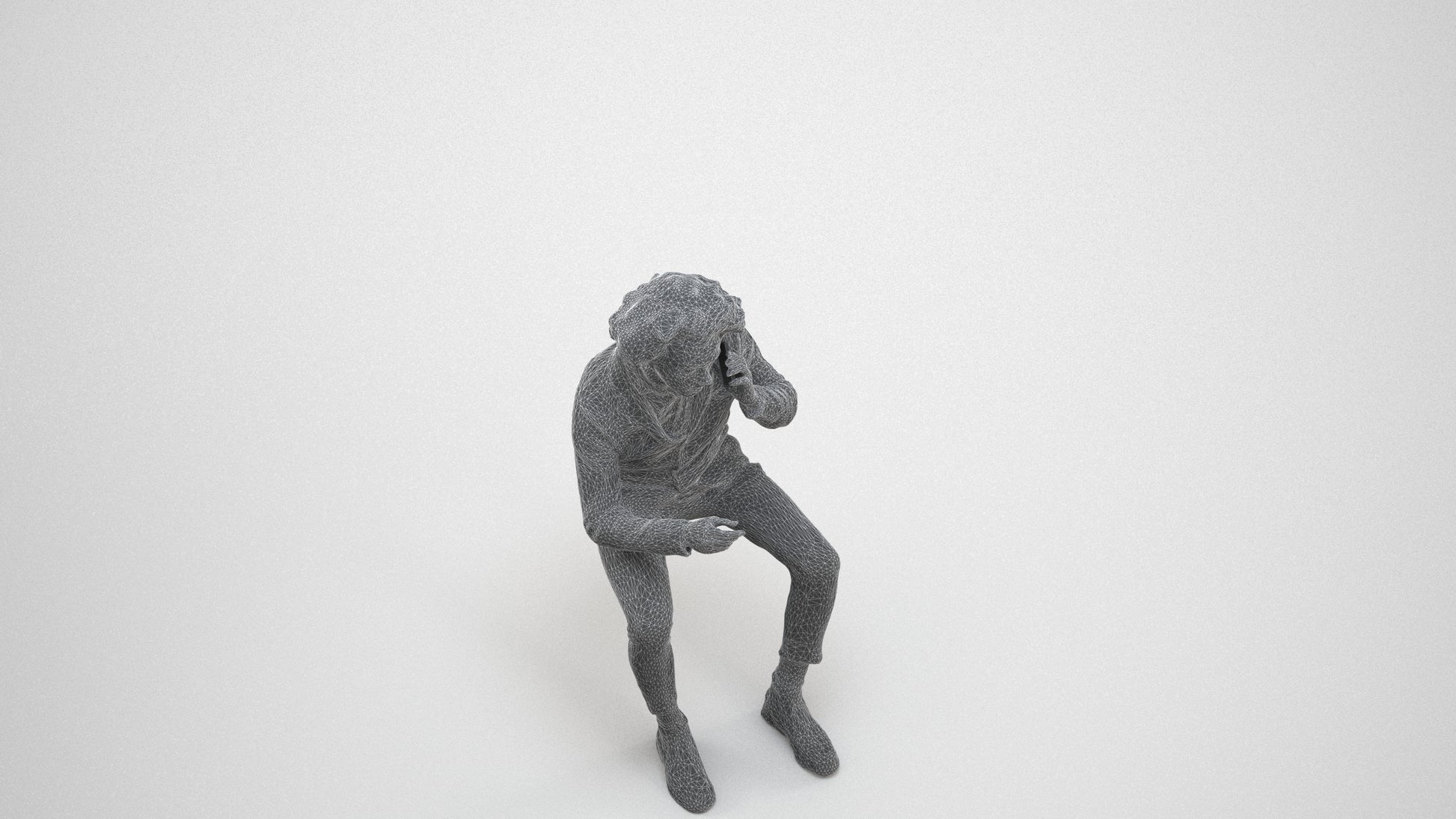 3D scanned man sitting business, photorealistic archviz people for Enscape and SketchUp, wireframe three-quarter view
