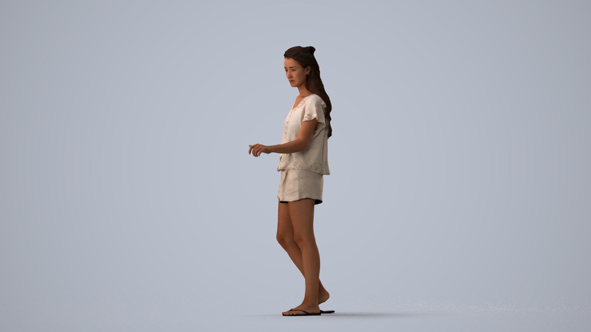 photogrammetry 3D woman casual door, realistic human model archviz FBX, three-quarter view render