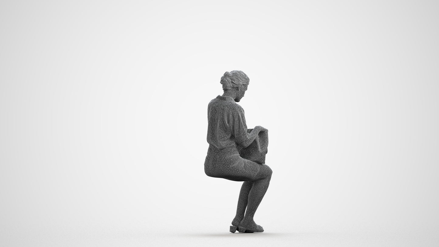 3D scanned woman sitting casual, photorealistic archviz people for Enscape and SketchUp, wireframe front view
