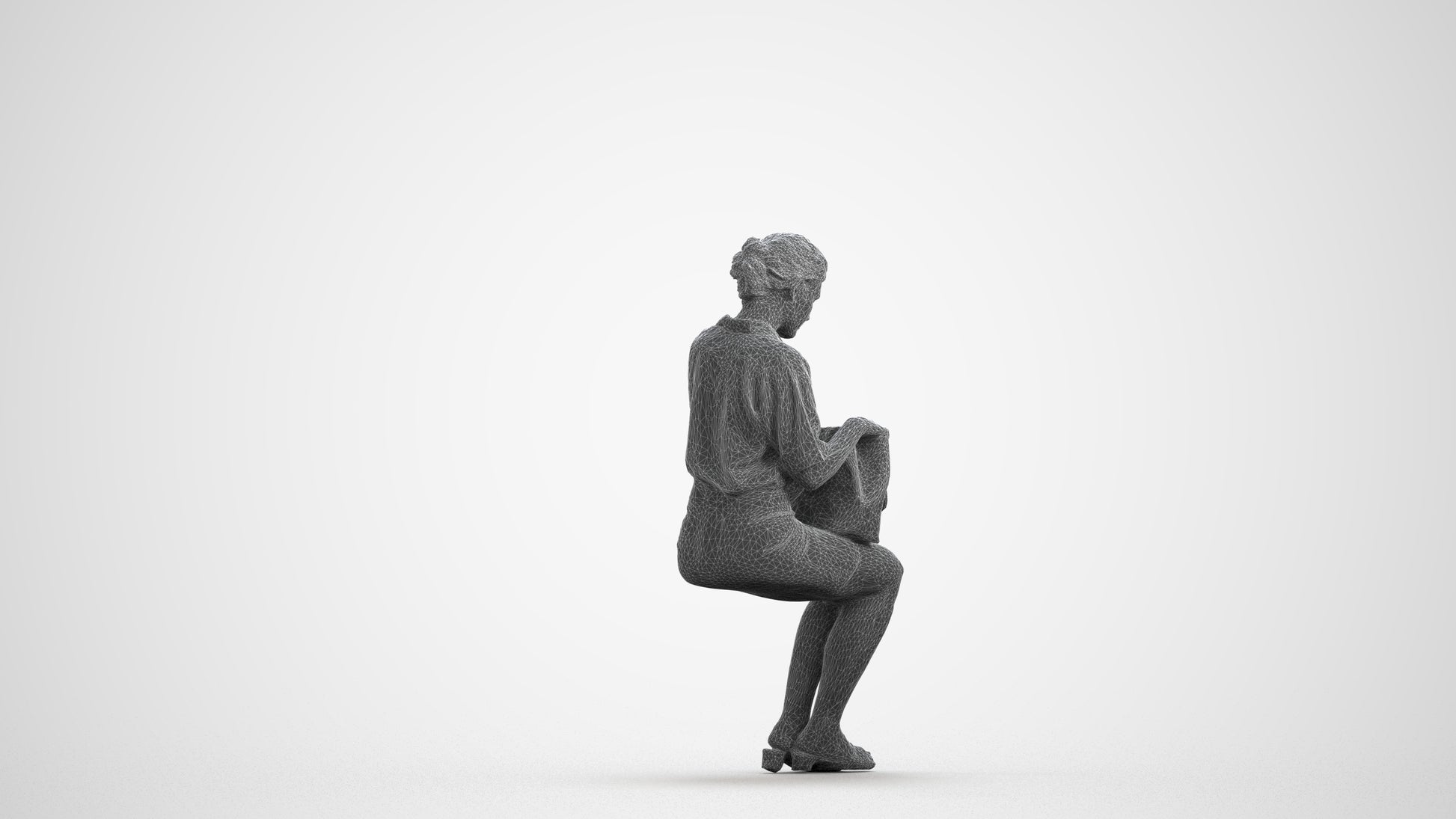 3D scanned woman sitting casual, photorealistic archviz people for Enscape and SketchUp, wireframe front view
