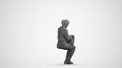 3D scanned woman sitting casual, photorealistic archviz people for Enscape and SketchUp, wireframe front view