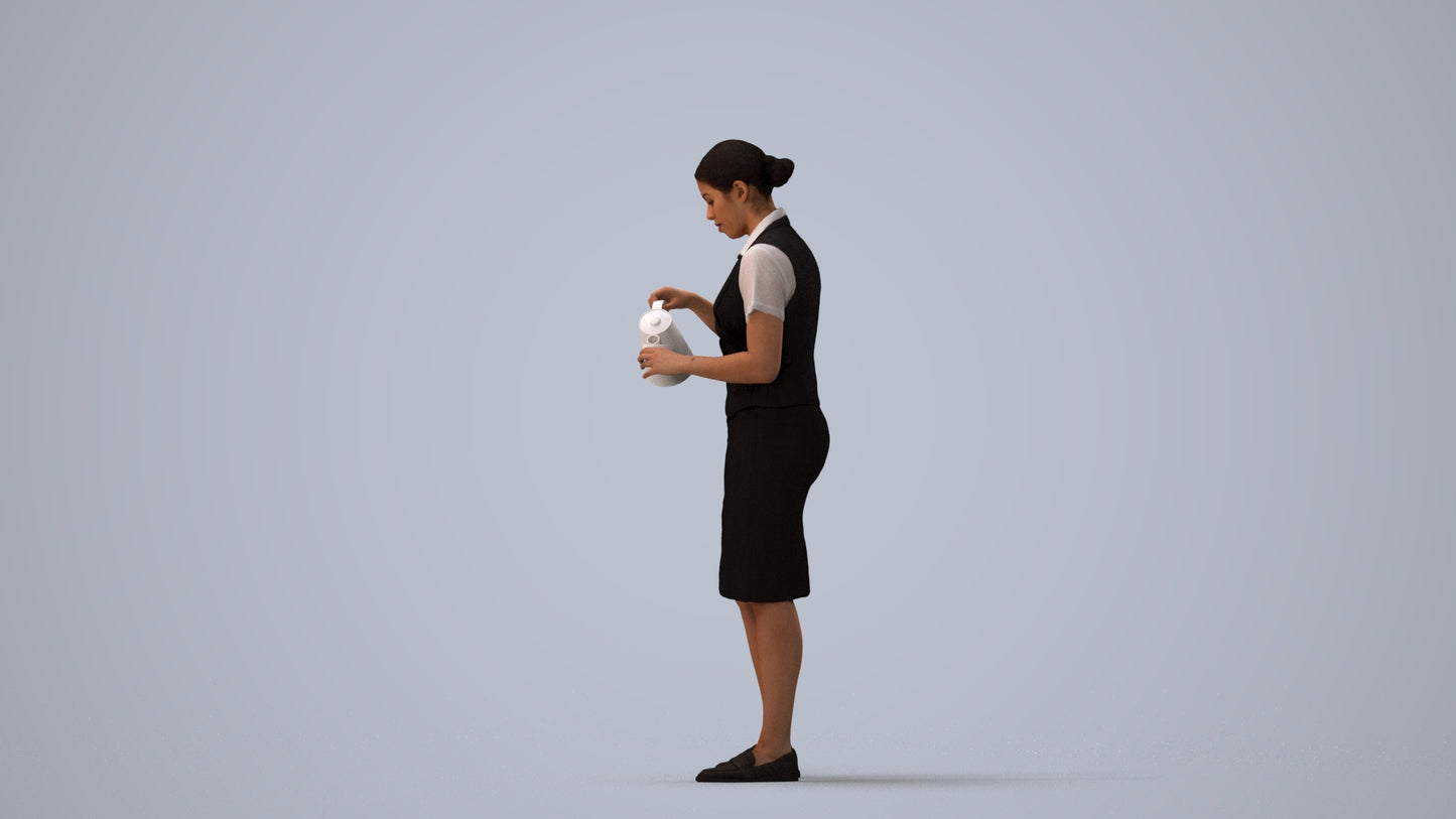 realistic 3D woman hospitality, scanned archviz people for Blender and 3ds Max, three-quarter view render