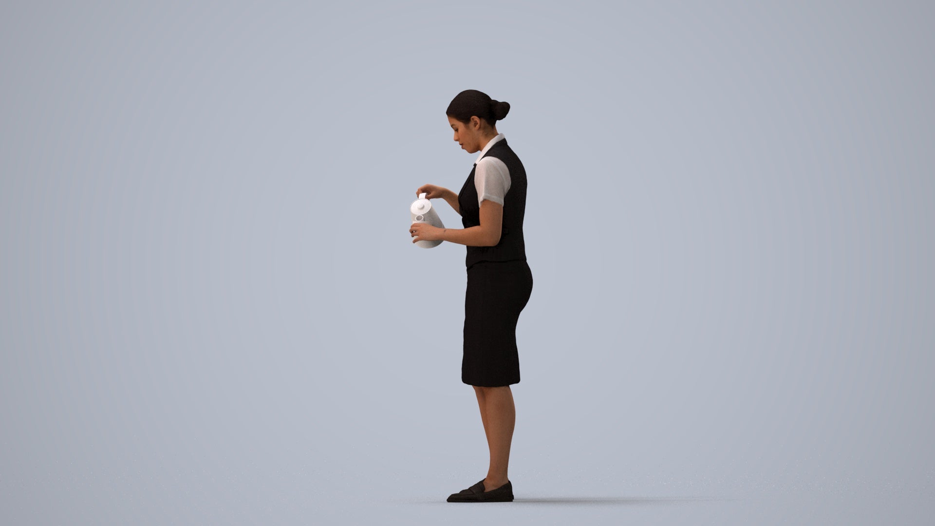 realistic 3D woman hospitality, scanned archviz people for Blender and 3ds Max, three-quarter view render