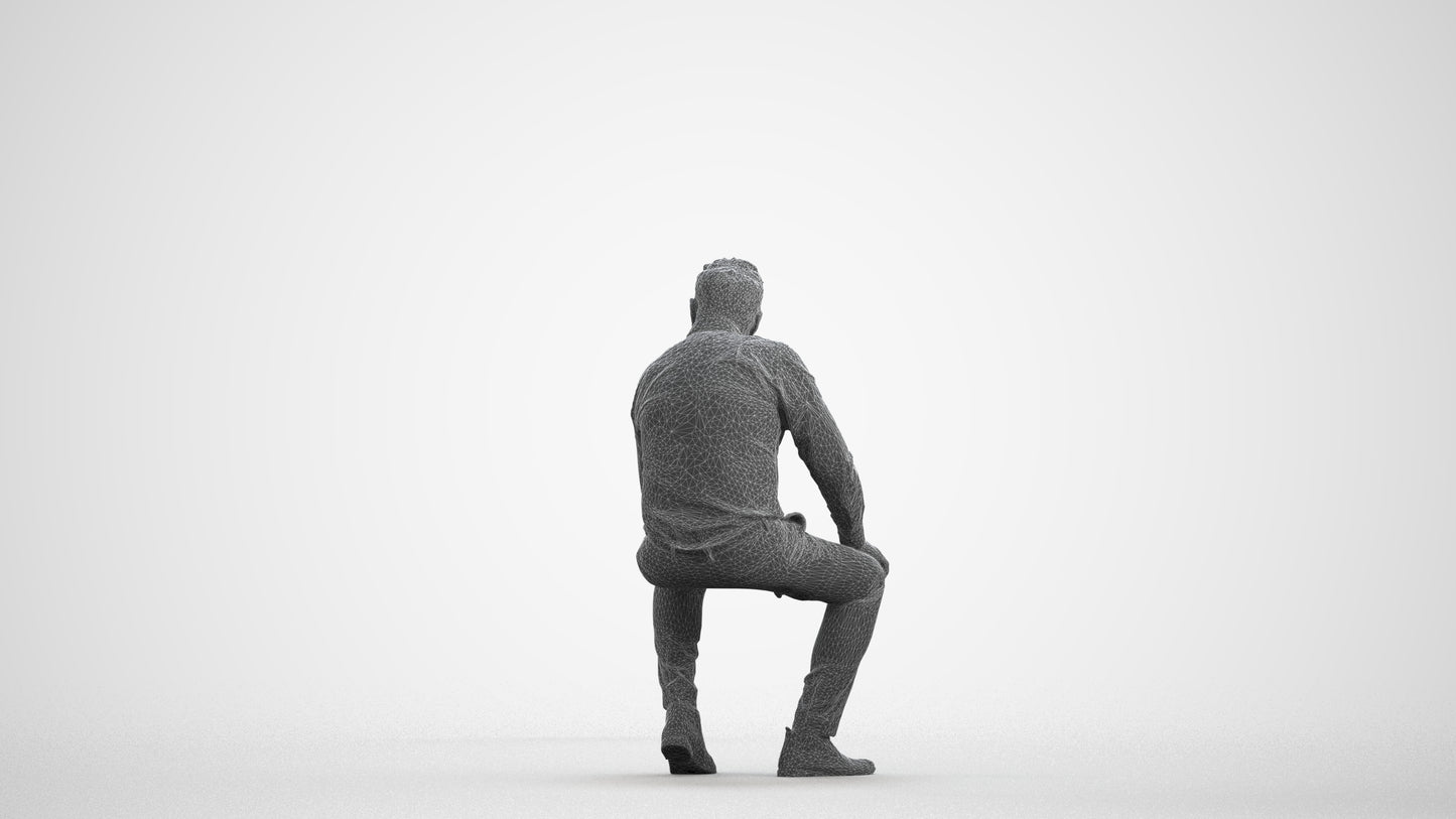 3D people model man casual sitting, scanned human for 3ds Max rendering, wireframe front view