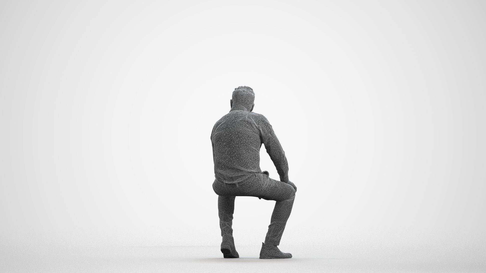 3D people model man casual sitting, scanned human for 3ds Max rendering, wireframe front view