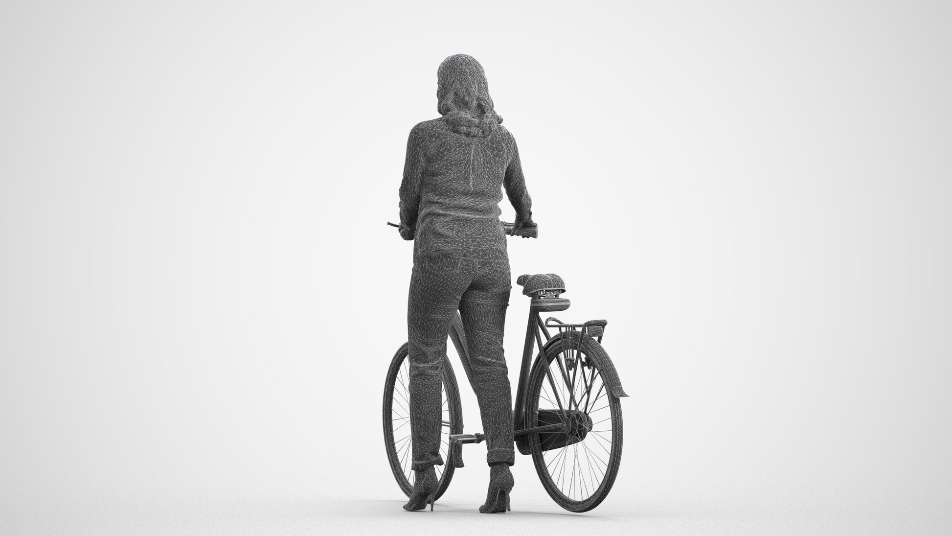 realistic 3D human woman casual cycling, archviz people FBX OBJ for Blender, wireframe front view