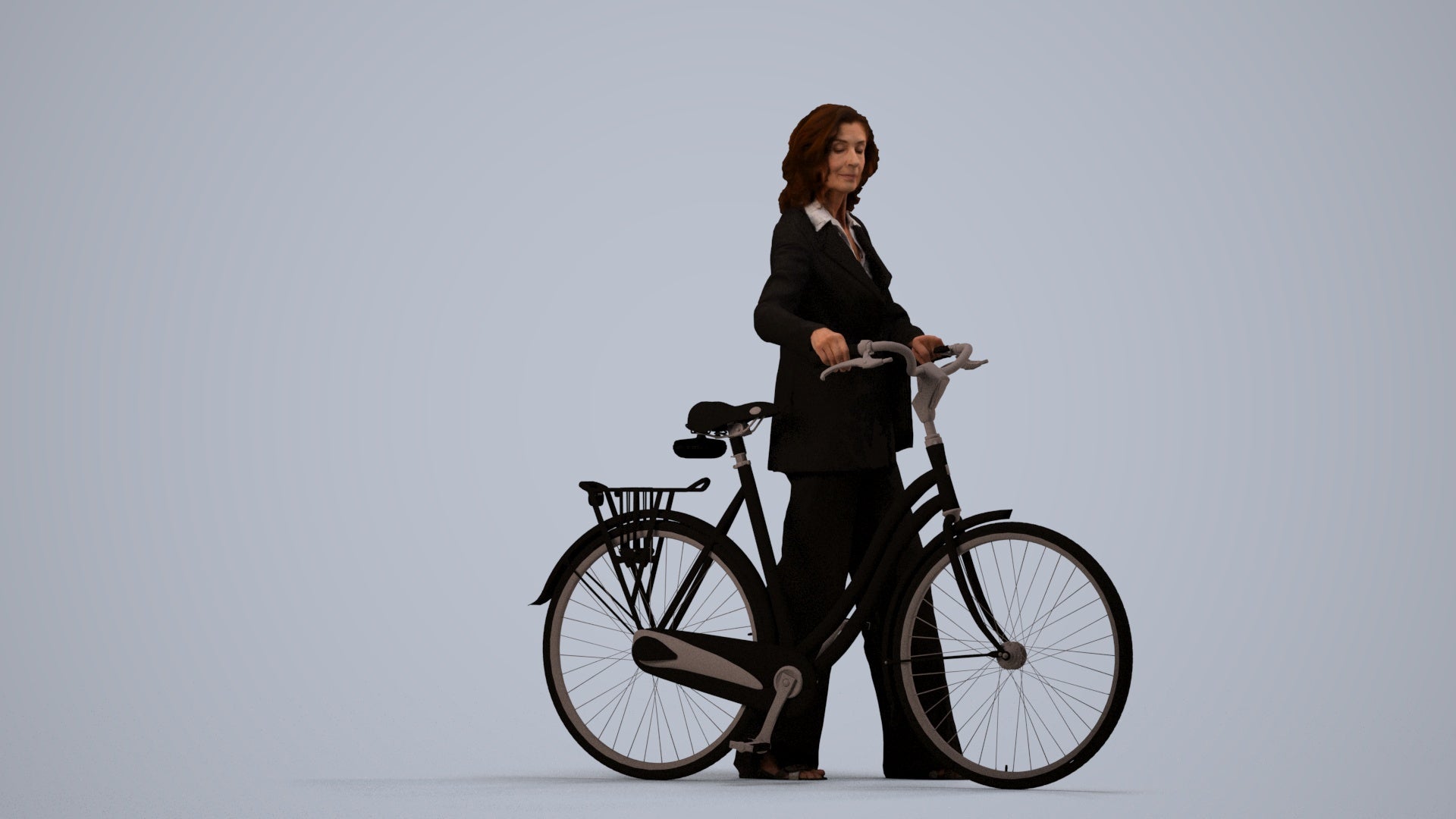 3D scanned senior woman cycling business, photorealistic archviz people for Enscape and SketchUp, side view render
