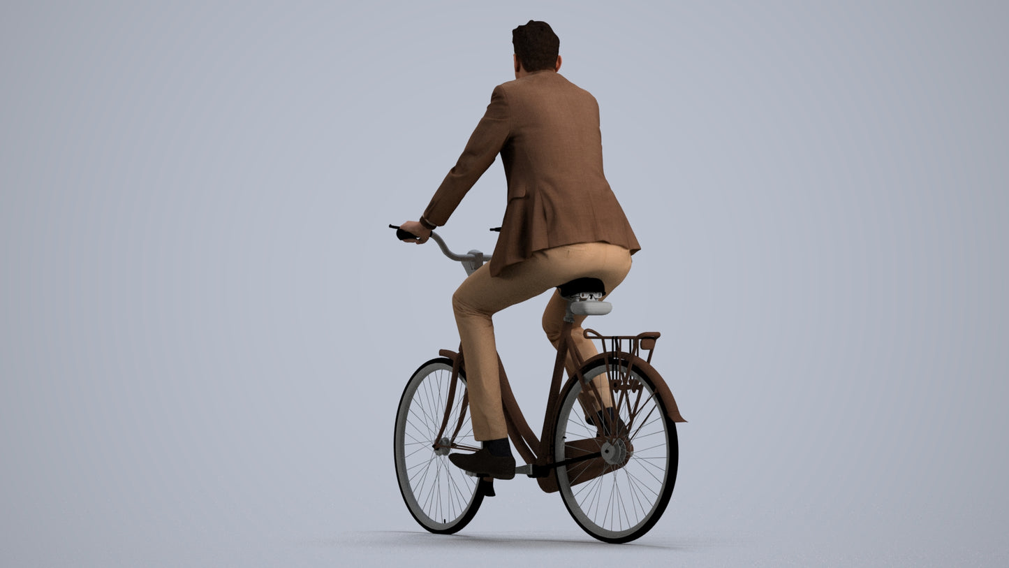 photogrammetry 3D man business cycling, realistic human model archviz FBX, front view render