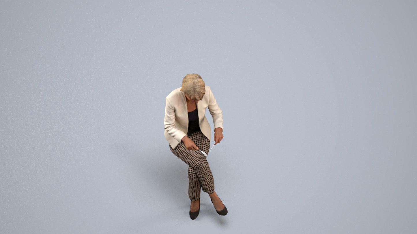 realistic 3D human senior woman business sitting, archviz people FBX OBJ for Blender, back view render