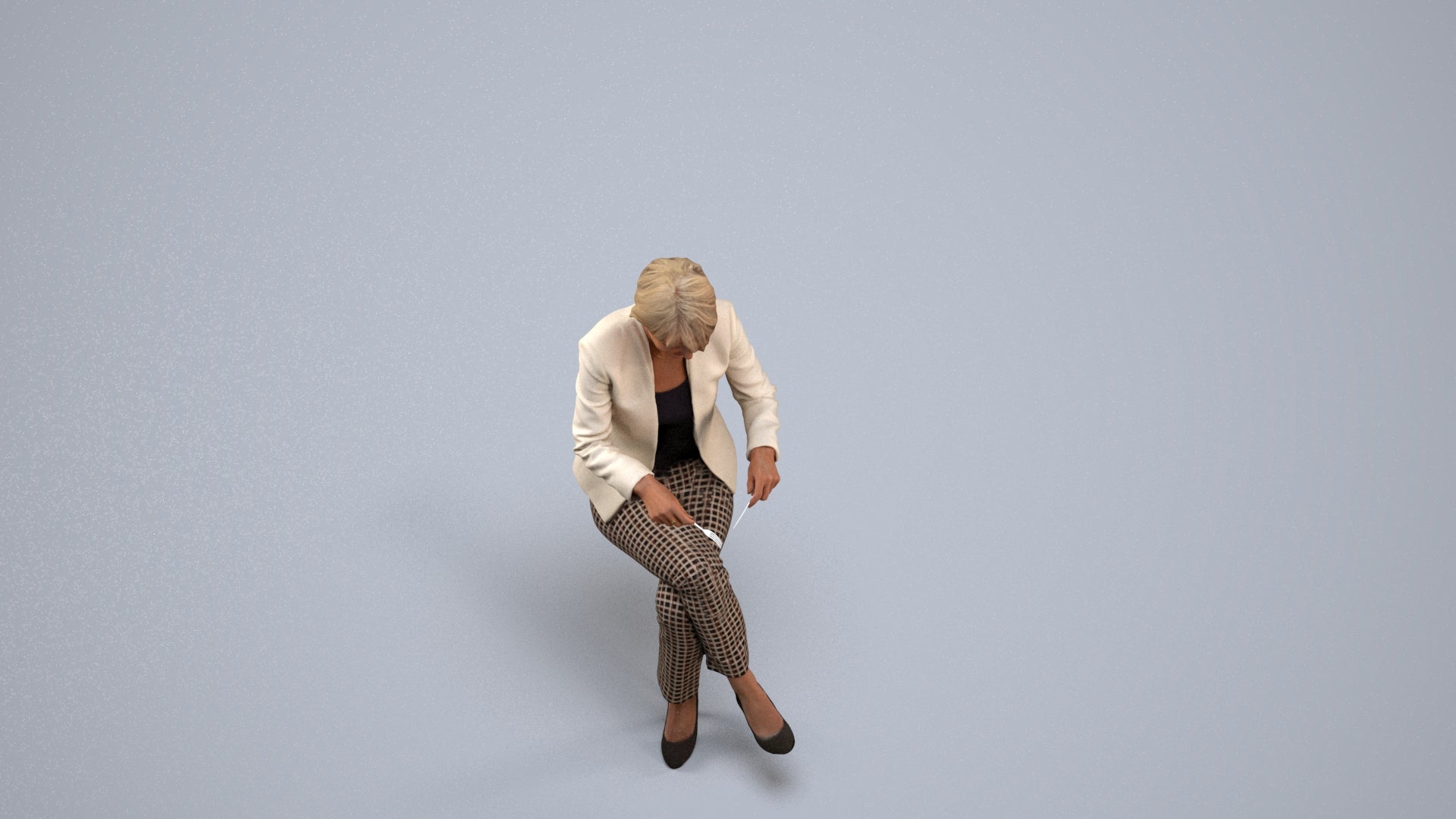 realistic 3D human senior woman business sitting, archviz people FBX OBJ for Blender, back view render