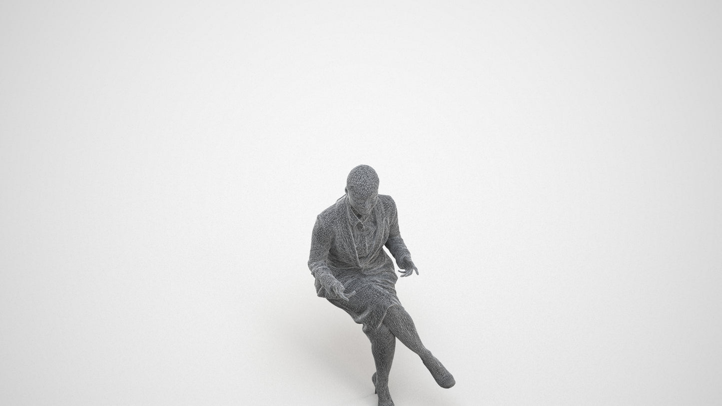 realistic 3D woman business sitting, scanned archviz people for Blender and 3ds Max, wireframe three-quarter view