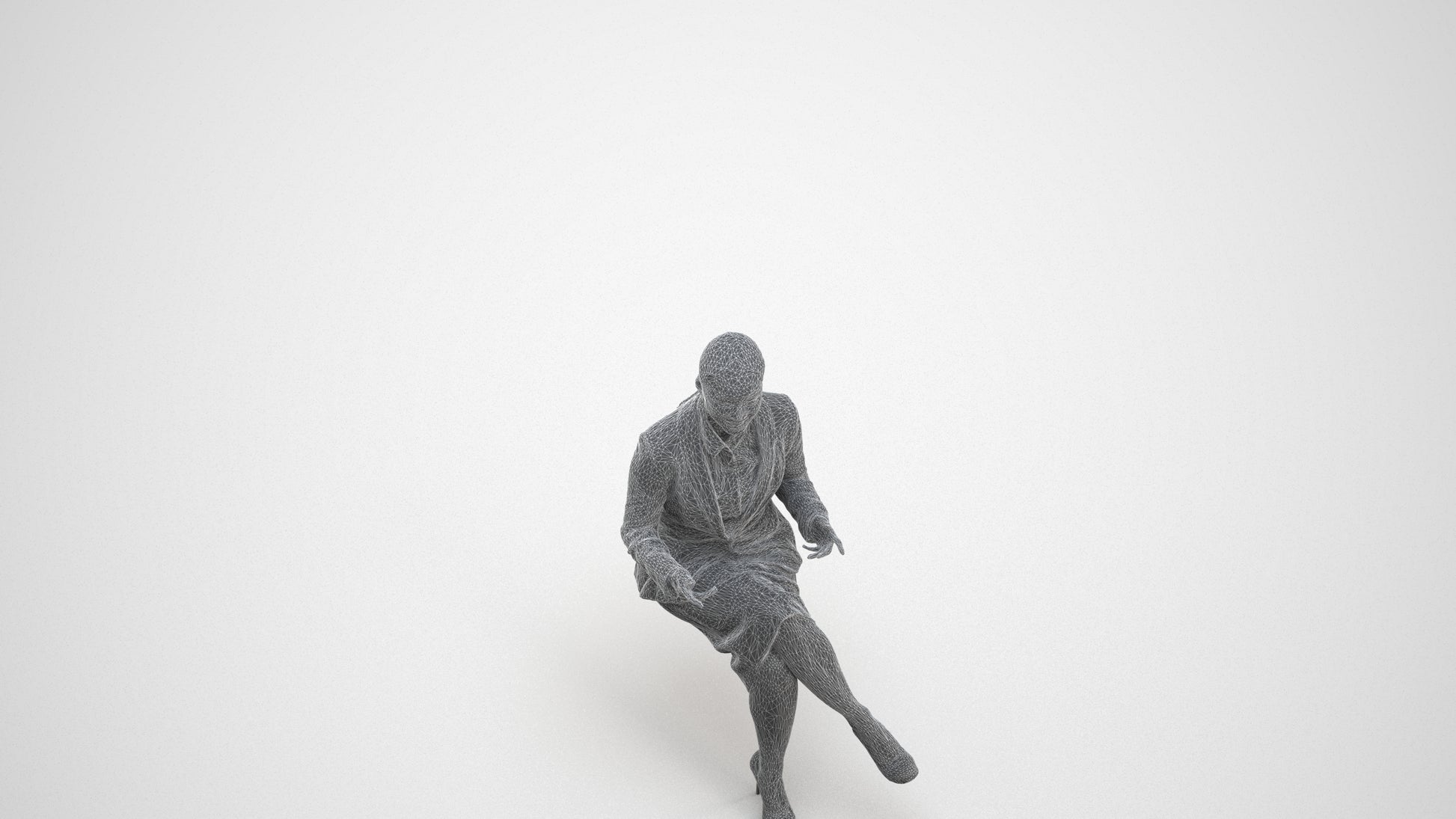 realistic 3D woman business sitting, scanned archviz people for Blender and 3ds Max, wireframe three-quarter view