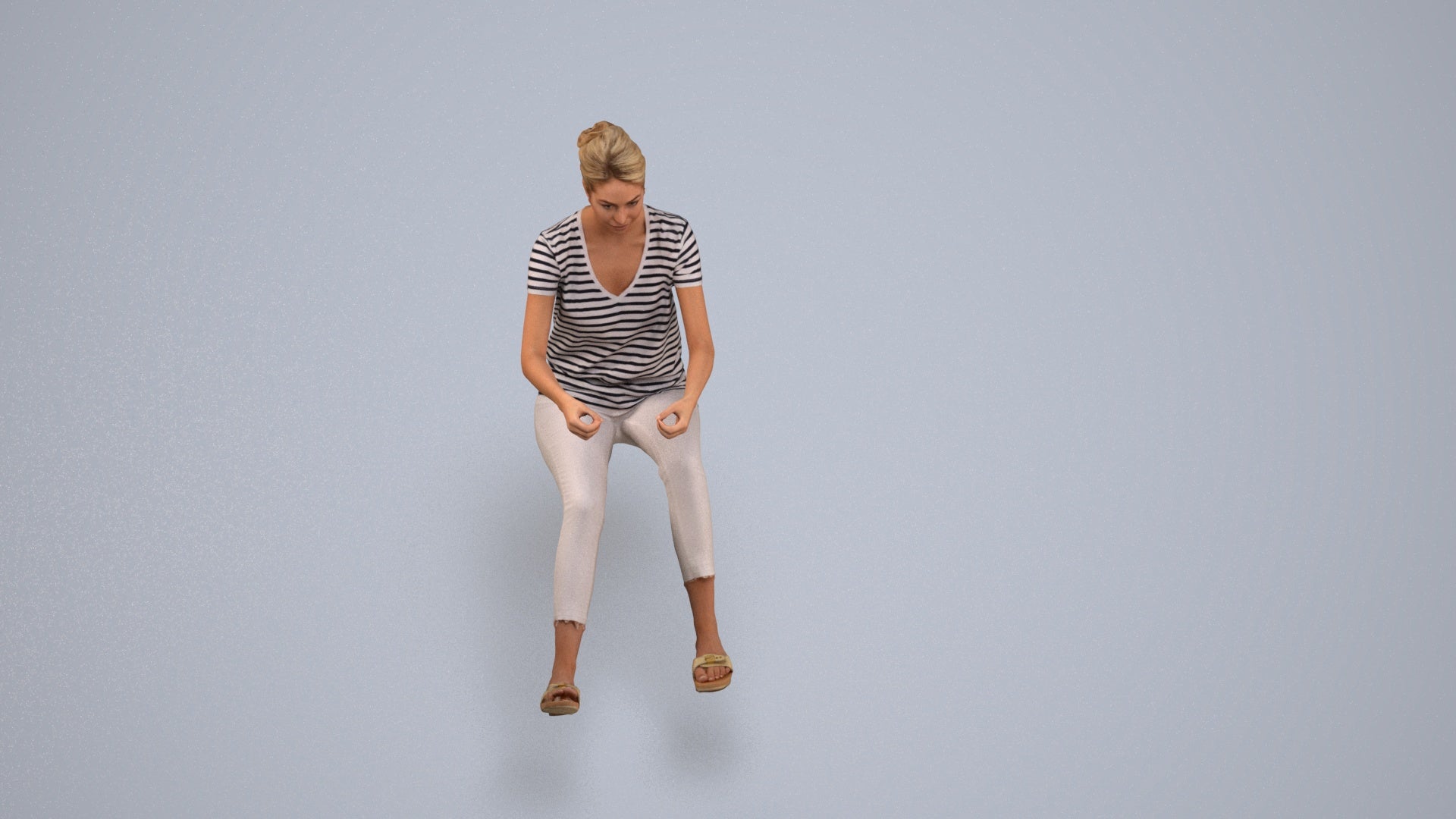 3D human model woman casual driving, photogrammetry scanned person for archviz, back view render