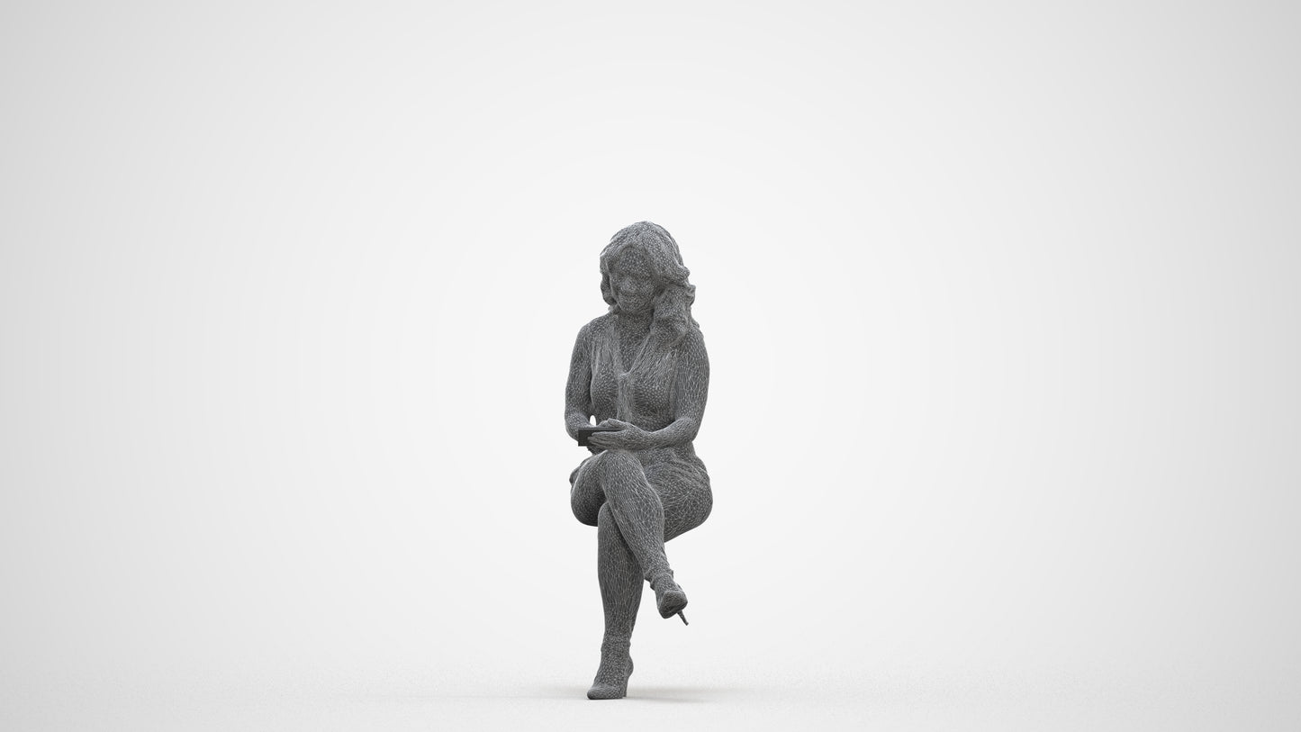 realistic 3D woman casual sitting, scanned archviz people for Blender and 3ds Max, three-quarter front view render