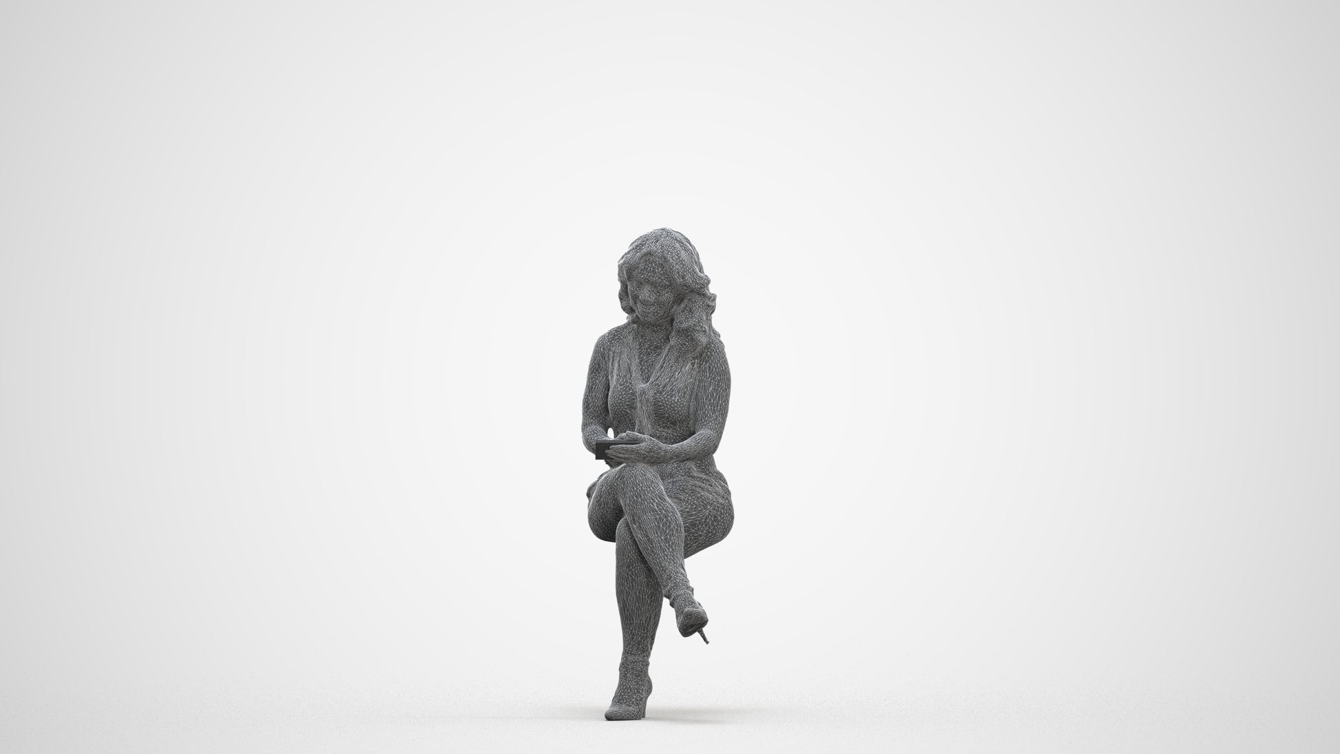 realistic 3D woman casual sitting, scanned archviz people for Blender and 3ds Max, three-quarter front view render