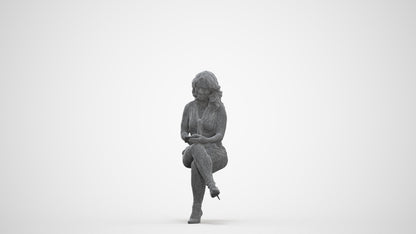realistic 3D woman casual sitting, scanned archviz people for Blender and 3ds Max, three-quarter front view render