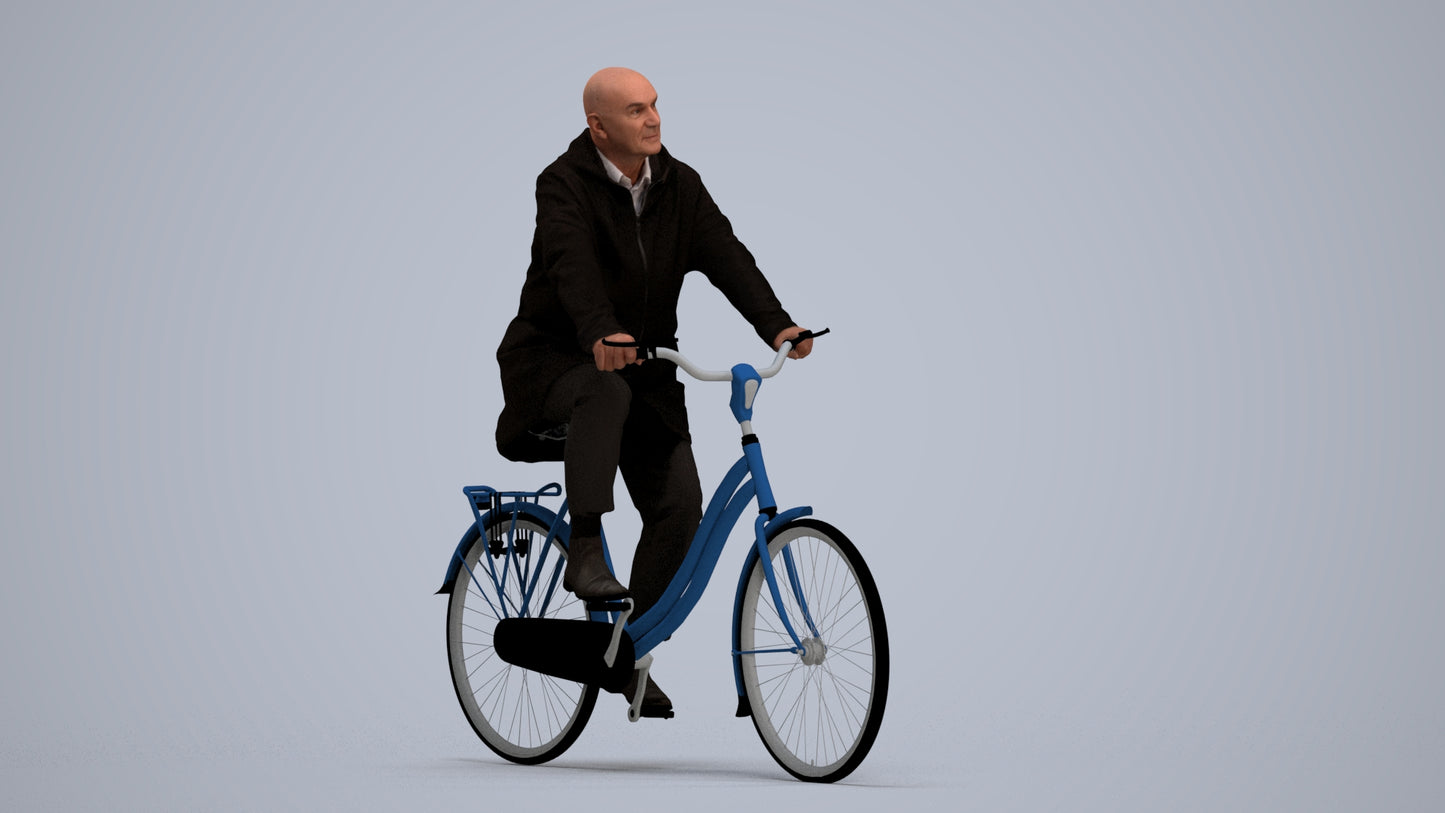 realistic 3D human senior man business cycling, archviz people FBX OBJ for Blender, standing pose render