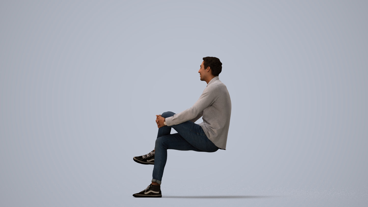 realistic 3D human man casual sitting, archviz people FBX OBJ for Blender, three-quarter view render