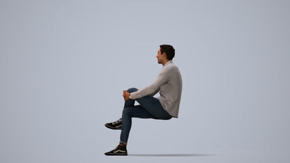 realistic 3D human man casual sitting, archviz people FBX OBJ for Blender, three-quarter view render