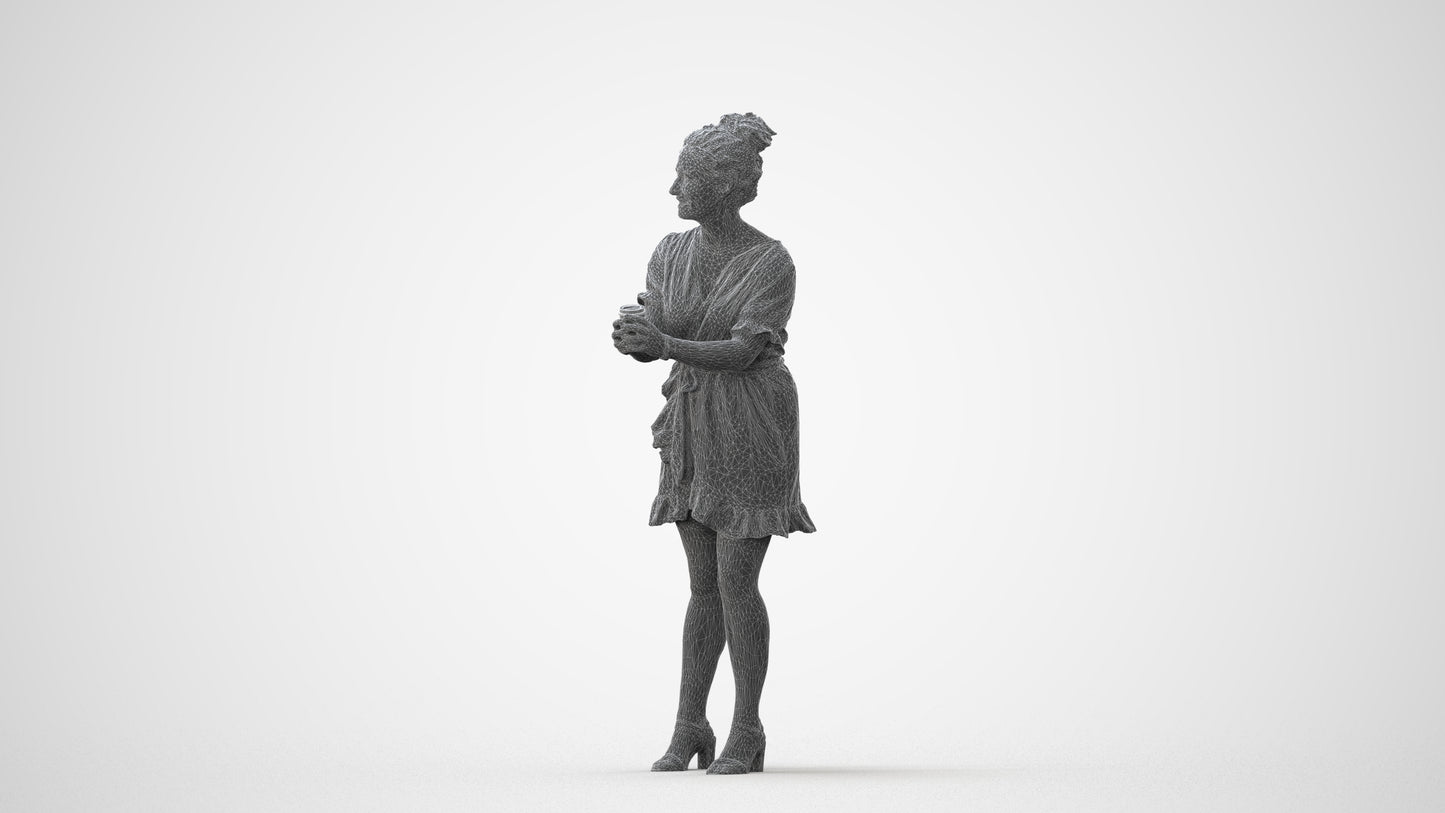 3D human model woman casual standing, photogrammetry scanned person for archviz, square thumbnail