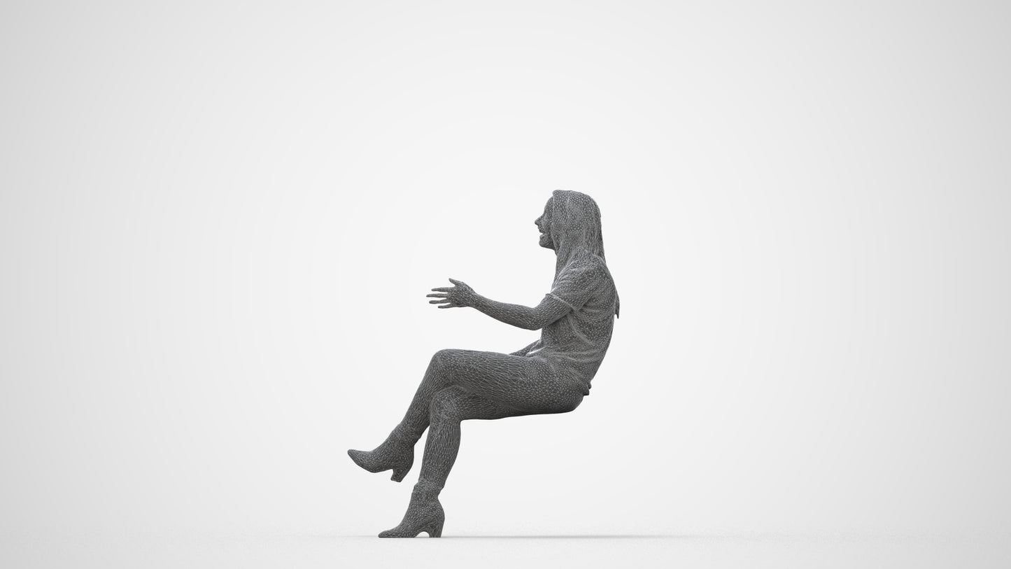 3D scanned woman sitting casual, photorealistic archviz people for Enscape and SketchUp, wireframe back view