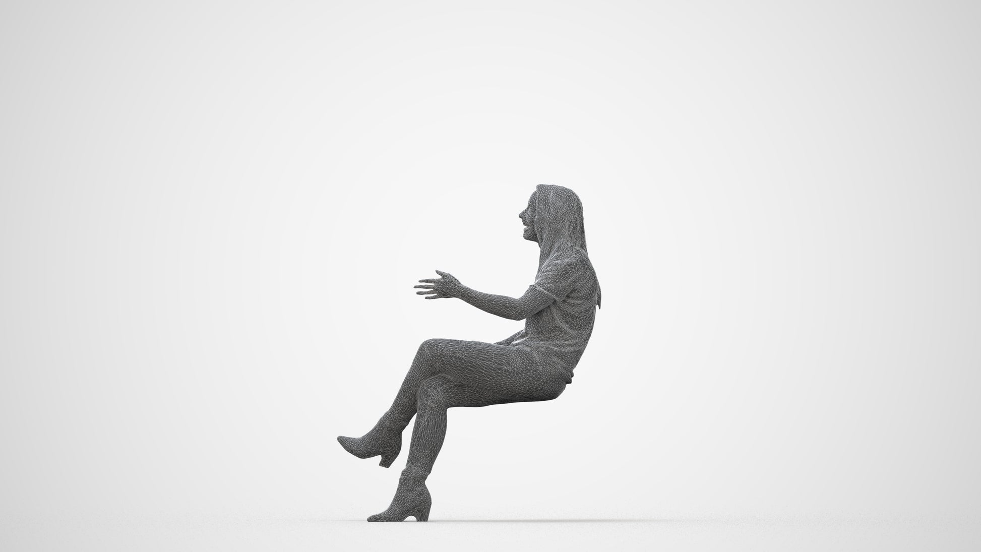 3D scanned woman sitting casual, photorealistic archviz people for Enscape and SketchUp, wireframe back view