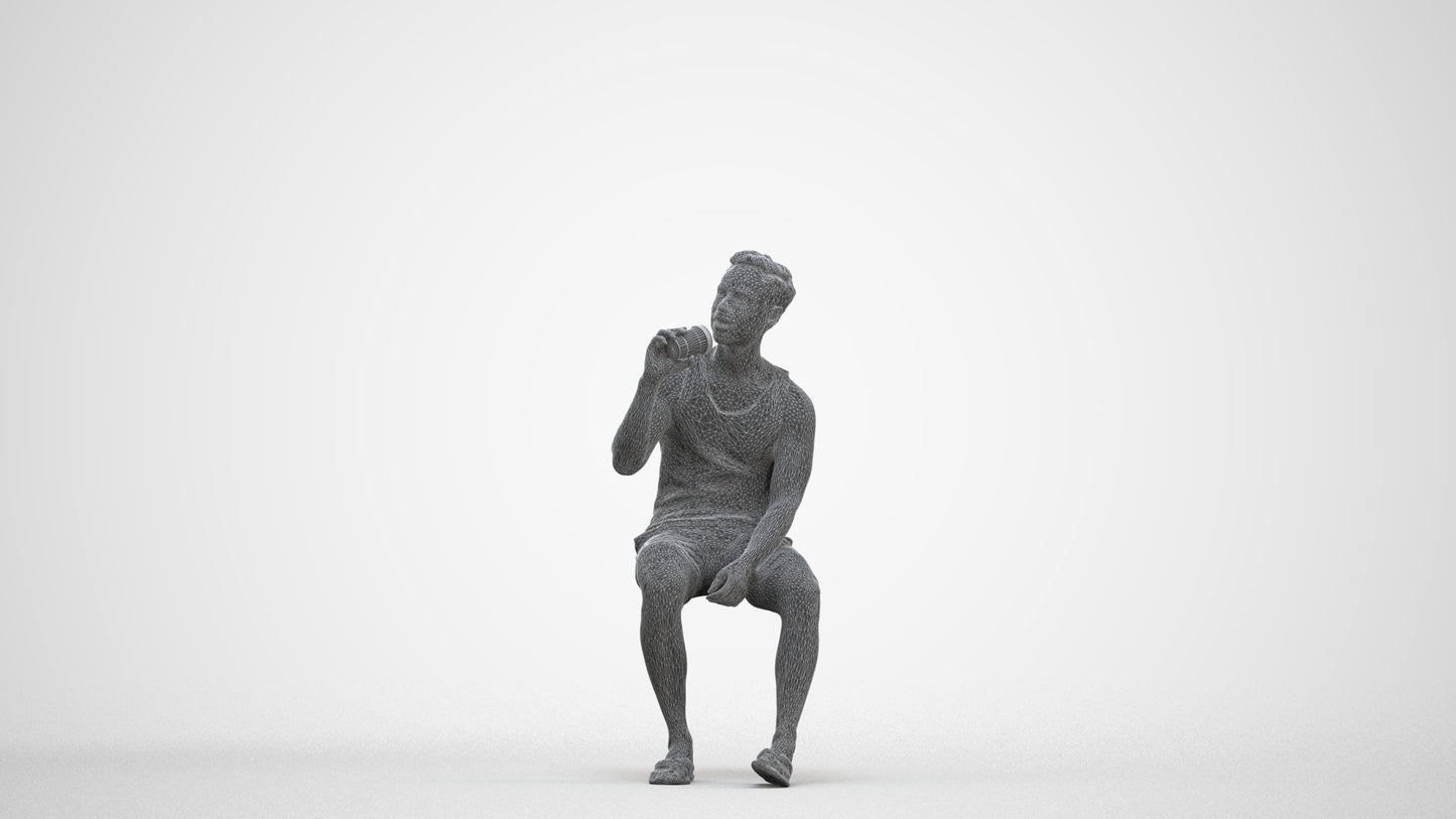 scanned 3D man casual sitting, photogrammetry people for Enscape and V-Ray, three-quarter front view render