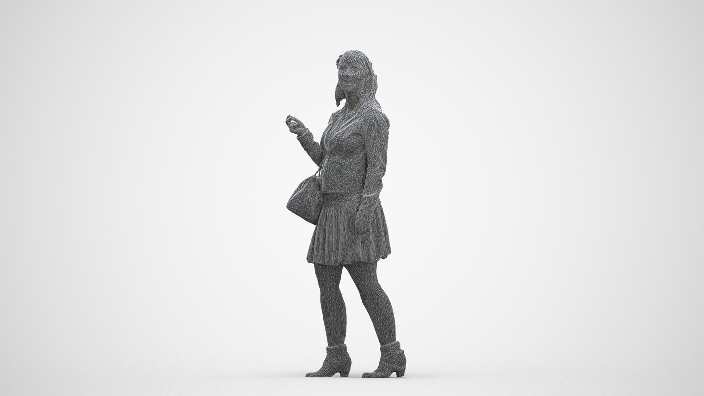 3D human model woman business standing, photogrammetry scanned person for archviz, three-quarter front view render