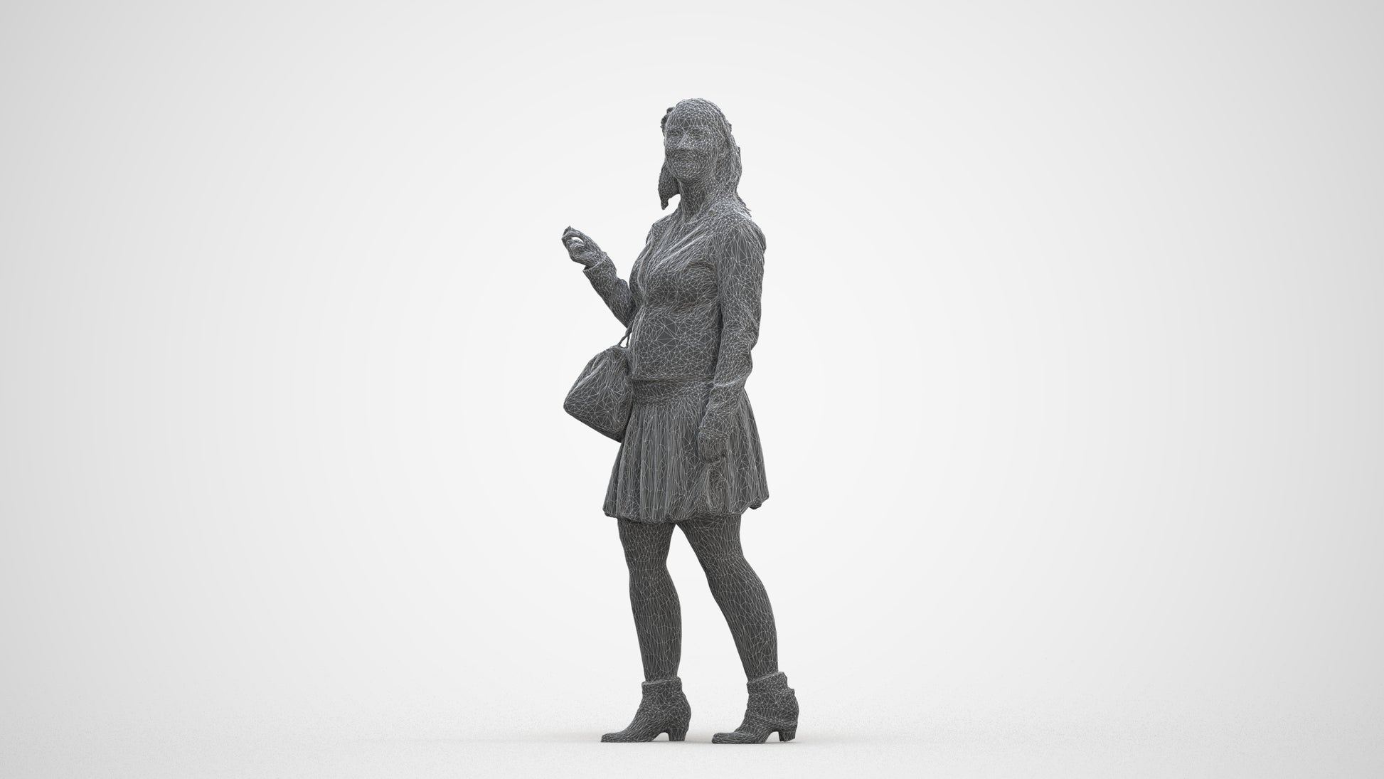 3D human model woman business standing, photogrammetry scanned person for archviz, three-quarter front view render